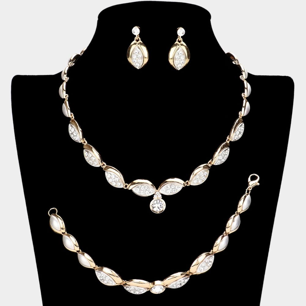 Two Tone 3 Piece Marquise Crystal Necklace Jewelry Set Formal Fashion Statement